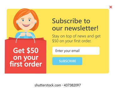 Vector template for email subscribe with cartoon woman. On shopping theme.