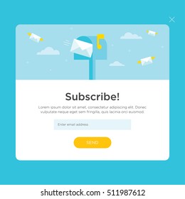 Vector Template For Email Subscribe. With Flying Envelopes And Mailbox.