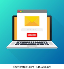 Vector Template Email Subscribe On Laptop. Submit Form For Website Email Letter Banner. Vector Stock Illustration.