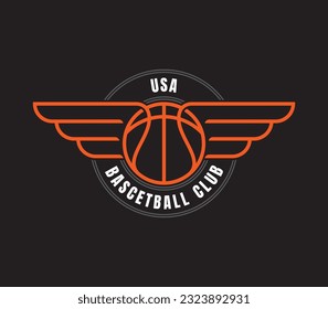 Vector template emblem of a basketball with wings. USA Basketball Club. Black background