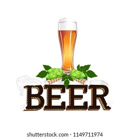Vector template of the emblem of beer. Colorful illustration with beer elements and text.