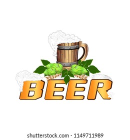 Vector template of the emblem of beer. Colorful illustration with beer elements and text.