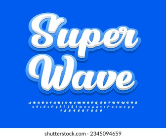 Vector template Emblem Super Wave with handwritten Alphabet Letters and Numbers set. Blue and White creative Font