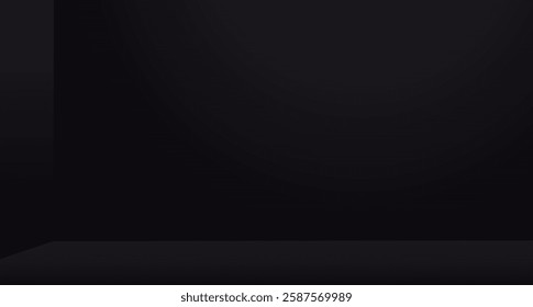 Vector template of empty black studio with soft light. Black room corner. Design mockup for product display