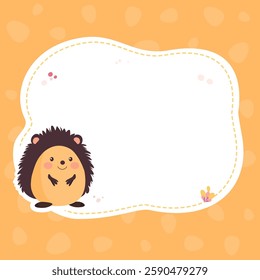 Vector Template of Empty Note Card with Cartoon Cute Hedgehog and Flowers