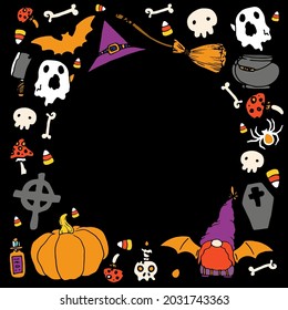 Vector template with an empty round space for text for Halloween. Square frame of orange pumpkins, gnome, bats, bones and skulls, spider, and cartoon ghosts on a black Doodle template halloween color