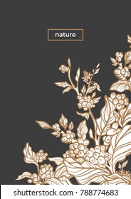 Vector template with engrave of coffee branch, leaf, bean, flower. Nature golden card on black background. Floral art line design Sketch vintage template Art deco bouquet Hand drawn illustration Text 