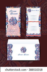 Vector template Envelope and Invitation for Corporate identity or wedding withmandala pattern, floral or octopus ornament. Mockup Flyer and Envelope business design. Trendy Color Serenity, Rose Quartz