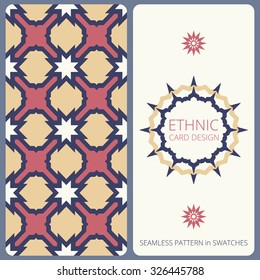 Vector template with ethnic design. Double sided card for greeting or save the date or invitation. Seamless pattern in swatches.