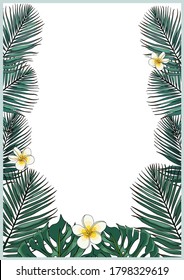 Plantilla de vectores. La selva tropical exótica selva tropical selva verde brillante hojas de la monstera de la palma enmarcada borde. Espacio vertical para el texto sobre fondo blanco