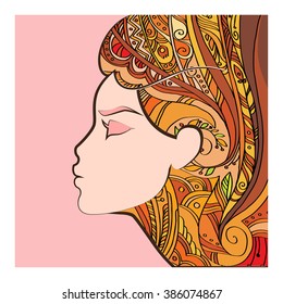 vector template female profile with a decorative hair