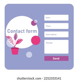 Vector template fetal design web page in purple and pink with floral design. Contact form with blank white fields to fill out, isolated on a white background