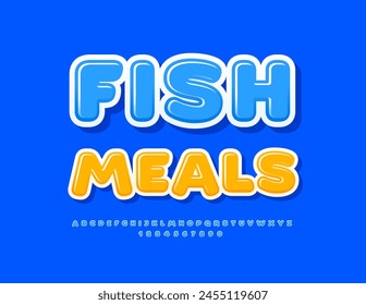 Vector template Fish Meals for Menu. Ads, Banners. Sea blue Font. Bright set of Alphabet Letters and Numbers