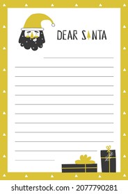 Plantilla vectorial con elementos planos dorados y grises para la celebración de Navidad y Año Nuevo. Lista en blanco para escribir una carta para Santa Claus. Fondo blanco. Estilo geométrico escandinavo