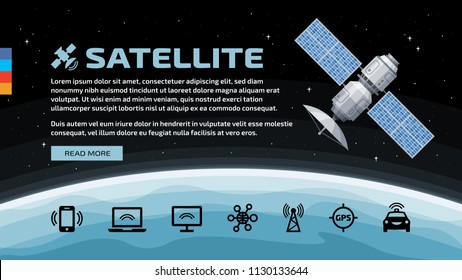 Vector template of flat isolated satellite in space with GPS radar station, solar panel, dish, earth and communication icons. 