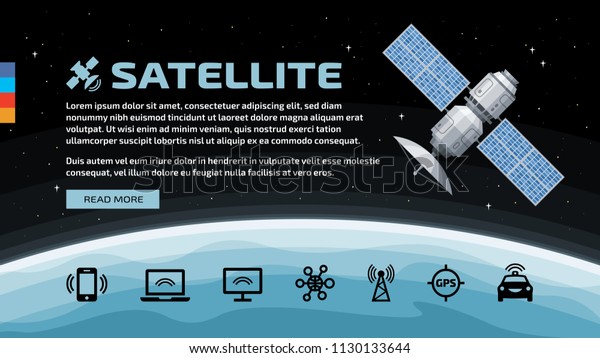 Vector template of flat isolated satellite in space with\
GPS radar station, solar panel, dish, earth and communication\
icons. 