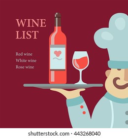 Vector template in the flat style for menu, poster, wine list, flyers, brochure.Colorful illustration background of waiter with wine bottle and wine glass and tray on outstretched arm. 