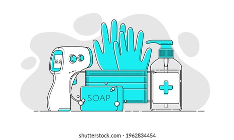 Plantilla vectorial en forma plana de termómetro infrarrojo sin contacto, guantes estériles, máscara médica, gel de alcohol antibacteriano desinfectante, jabón. Medida protectora para la gripe, virus.