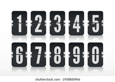 Vector template with flip scoreboard numbers and reflections for black countdown timer or calendar isolated on white.