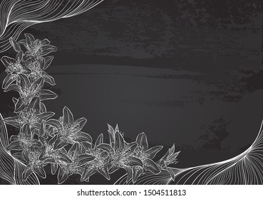 Vector template with floral frame of lilies stylized as chalk drawing on chalkboard. Design for party invitation, greeting card, poster and banner