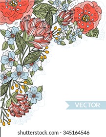vector template of floral greeting card with hand drawn blooming flowers