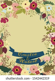 Vector template. Floral illustration on yellow background - wreath / frame with burgundy, pink, green, yellow, blue, white, vivid flowers, green leaves. Ribbon with names. Wedding invitation.