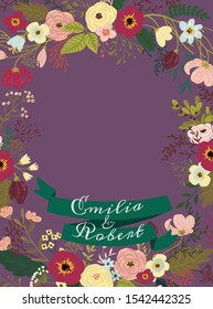 Vector template. Floral illustration on purple background - wreath / frame with burgundy, pink, green, yellow, blue, white, vivid flowers, green leaves. Ribbon with names. Wedding invitation.