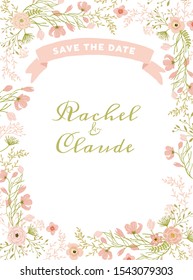 Vector template. Floral illustration on white background - wreath / frame with pink, green, yellow, blue, white, vivid flowers, green leaves. Ribbon with names. Wedding invitation.