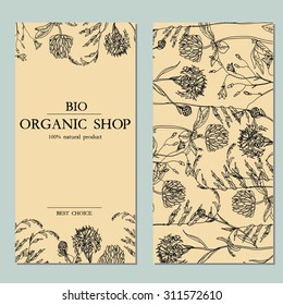 Vector template floral Label  with hand-draw wild flowers and herbs. Layout, mockup design for cosmetics, store, beauty salon, natural and organic products
