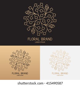 Plantilla vectorial de logotipo floral en estilo lineal de moda. Etiqueta dorada con adorno floral. Logotipo para la moda, belleza, spa, hotel, medicina alternativa, cosmética y joyería.