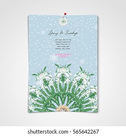 Vector template. Floral round pattern of snowdrops. Snowfall foreground. Sheet of paper attached to the wall. 