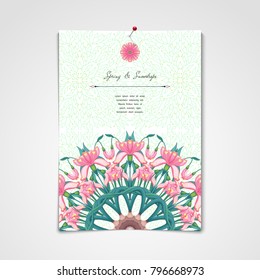 Vector template. Floral round pattern of snowdrops. Leaves and branches foreground. Sheet of paper attached to the wall
