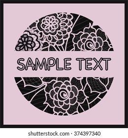 Vector template with flowers for wedding invitation,greeting card, ticket, congratulation, boutique logo,label. Black and purple illustration. Place for text. Floral lace design. Doodle round element.