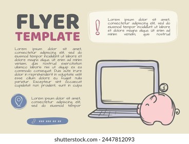 Vector template for flyer, advertisement related to business, finance. Editable illustration of piggy bank and notebook