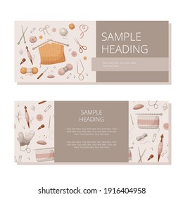 Vector template of flyer or banner with knitting tools and wool yarn in cartoon style. Printed material for design brochures, flyers, banners, cards and posters.