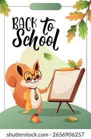 Vector template for a flyer or greeting card featuring a teacher squirrel at the blackboard for autumn school themes and kids design
