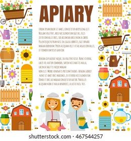 vector template flyers. apiary. set of flat icons elements for beekeeping. uly, bees, honey, flowers, beekeepers