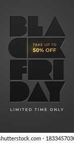 Vektorvorlage mit Folienbuchstaben BLACK FRIDAY. Sichern Sie sich 50 % Rabatt. Nur begrenzte Zeit. Typografie-Illustration für Rabatt, Verkauf, Poster, Banner, Flyer, Business, Shop.