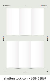 Vector template of folded blank A4 paper with trim marks, folding marks, registration marks and color bars. Scale 1:1