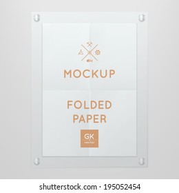 Vector template of folded poster in glass frame, placed in interior. Mockup for your posters or photos. Light style.