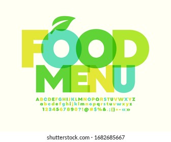 Vector Template Food Menu With Decorative Leaf. Creative Green Font. Trendy Alphabet Letters And Numbers
