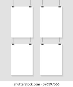 Vector Template Of Four Poster On Clips . Vertical Blank A4 Mockup Advertising Banner On Grey Background