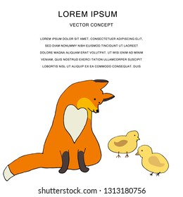 Vector template with fox and little chickens and text. Hand drawn vector illustration.
