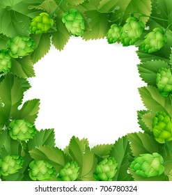 Vector template frame for beer design with hop cones and green leaves.