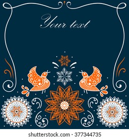 Vector template frame for card, invitation card. Lace ornament with flowers and birds. Place for text. Easy to edit