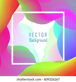 Vector template with frame and fluid background, abstract flowing paint shapes. Magic and futuristic graphic design with splash in holographic colors for brochure, banner or business cards.
