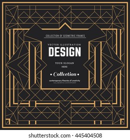 Vector template frame. Form of square. Line design elements. Collage collection geometric gold shapes.