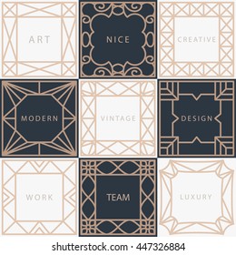Vector template frame. Form of square. Line design elements. Collage collection geometric gold shapes.