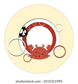Vector template for a frame with funny crab and penguin in a circle