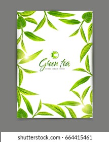 Vector template with a frame of green tea leaves, isolated on white background. Illustration for advertising, brochures, flyers, modern promotion.